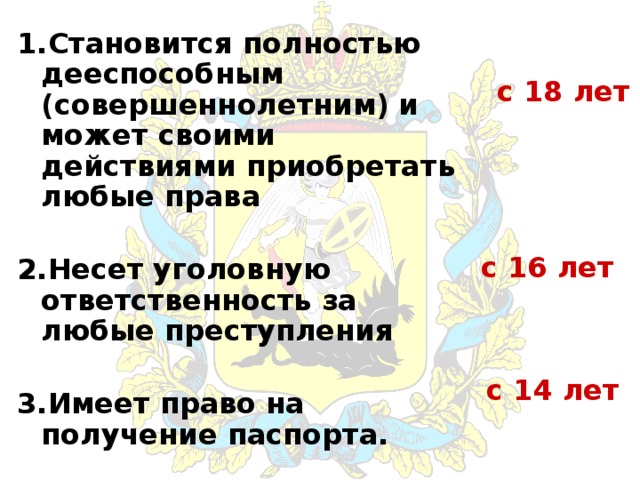 1.Становится полностью дееспособным (совершеннолетним) и может своими действиями приобретать любые права  2.Несет уголовную ответственность за любые преступления  3.Имеет право на получение паспорта. с 18 лет с 16 лет с 14 лет 