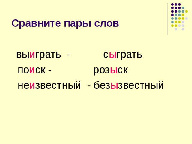 Сравните пары слов  вы и грать - с ы грать  по и ск - роз ы ск  не и звестный - без ы звестный 