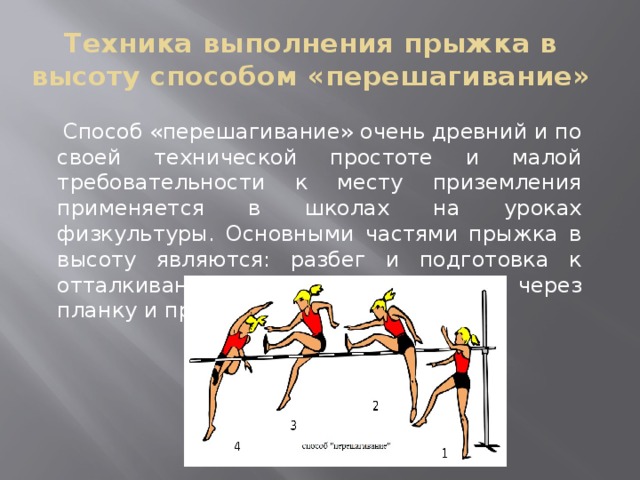 Техника выполнения прыжка в высоту способом «перешагивание»  Способ «перешагивание» очень древний и по своей технической простоте и малой требовательности к месту приземления применяется в школах на уроках физкультуры. Основными частями прыжка в высоту являются: разбег и подготовка к отталкиванию, отталкивание, переход через планку и приземление. 