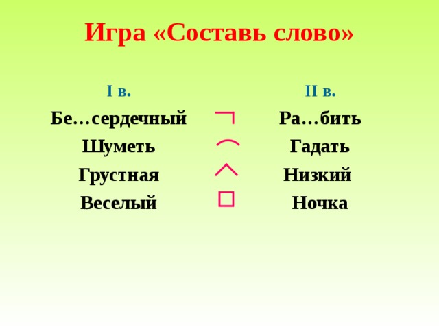 Игра «Составь слово» I в. II в. Бе…сердечный Шуметь Грустная Веселый Ра…бить Гадать Низкий Ночка 