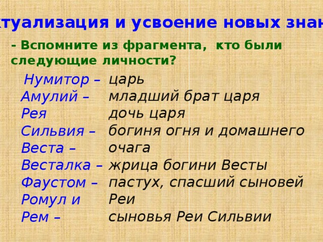 Актуализация и усвоение новых знаний. - Вспомните из фрагмента, кто были следующие личности? царь младший брат царя дочь царя богиня огня и домашнего очага жрица богини Весты пастух, спасший сыновей Реи сыновья Реи Сильвии    Нумитор – Амулий – Рея Сильвия – Веста – Весталка – Фаустом – Ромул и Рем –  