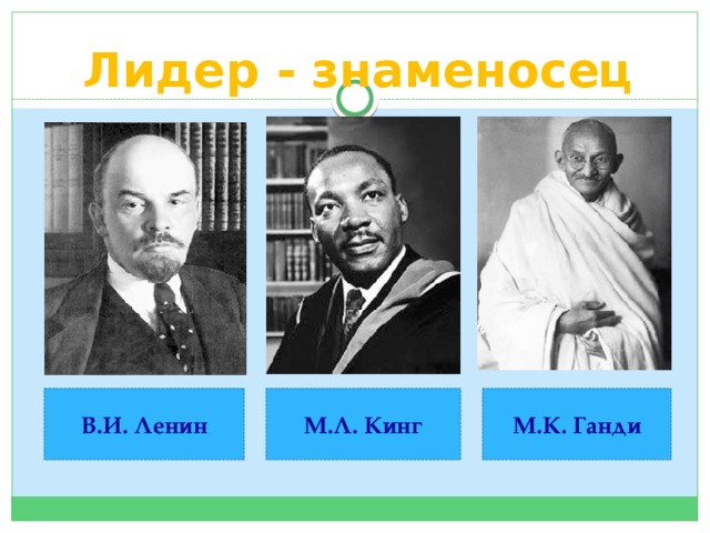 Лидер - знаменосец М.Л. Кинг В.И. Ленин М.К. Ганди 
