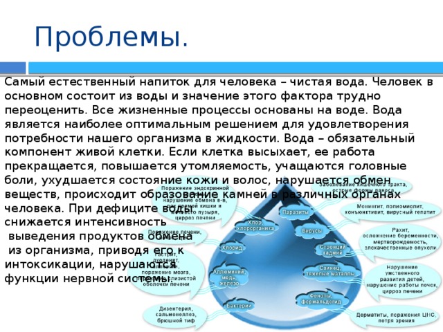 Проблемы. Самый естественный напиток для человека – чистая вода. Человек в основном состоит из воды и значение этого фактора трудно переоценить. Все жизненные процессы основаны на воде. Вода является наиболее оптимальным решением для удовлетворения потребности нашего организма в жидкости. Вода – обязательный компонент живой клетки. Если клетка высыхает, ее работа прекращается, повышается утомляемость, учащаются головные боли, ухудшается состояние кожи и волос, нарушается обмен веществ, происходит образование камней в различных органах человека. При дефиците воды снижается интенсивность  выведения продуктов обмена  из организма, приводя его к интоксикации, нарушаются функции нервной системы. 