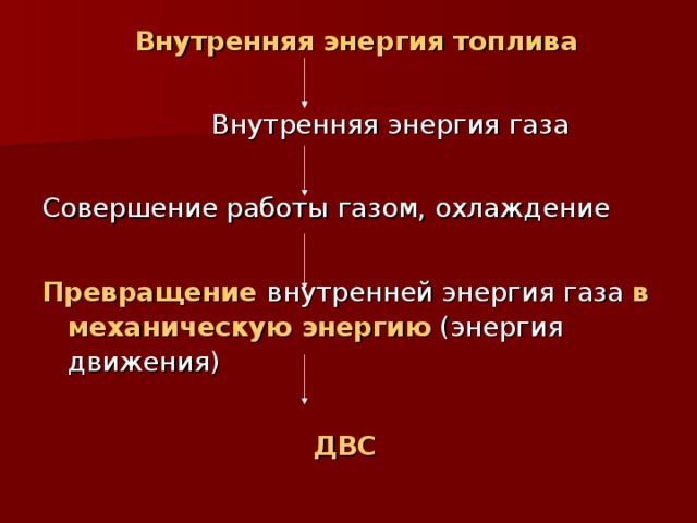  Внутренняя энергия топлива  Внутренняя энергия газа Совершение работы газом, охлаждение Превращение  внутренней энергия газа в  механическую энергию (энергия движения)  ДВС 
