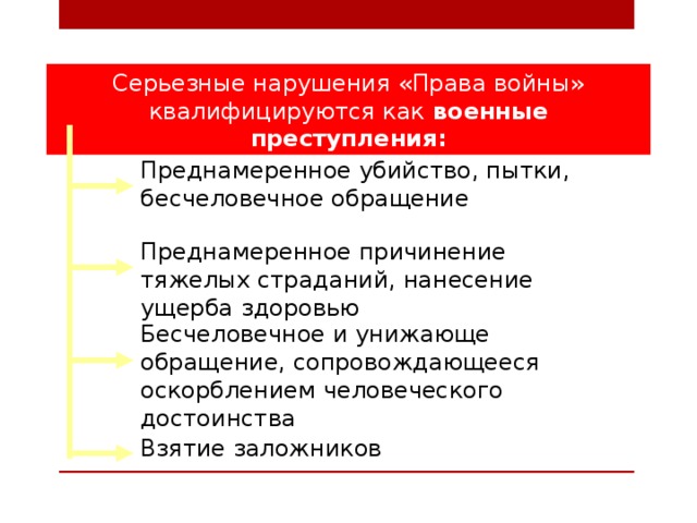 Серьезные нарушения «Права войны» квалифицируются как военные преступления: Преднамеренное убийство, пытки, бесчеловечное обращение Преднамеренное причинение тяжелых страданий, нанесение ущерба здоровью Бесчеловечное и унижающе обращение, сопровождающееся оскорблением человеческого достоинства Взятие заложников 