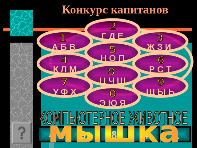Конкурс капитанов  Г Д Е   А Б В Ж З И  Н О П   Р С Т К Л М  Ц Ч Ш   Щ Ы Ь У Ф Х  Э Ю Я 8 4 4 1 9 20 