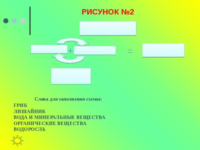 РИСУНОК №2 + =    Слова для заполнения схемы: ГРИБ ЛИШАЙНИК ВОДА И МИНЕРАЛЬНЫЕ ВЕЩЕСТВА ОРГАНИЧЕСКИЕ ВЕЩЕСТВА ВОДОРОСЛЬ 