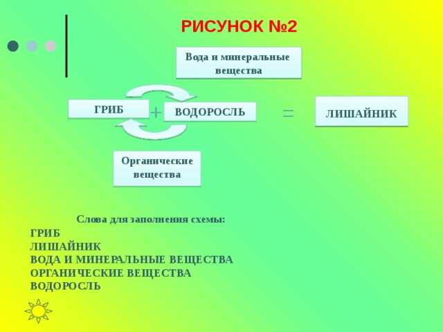 РИСУНОК №2 Вода и минеральные вещества + ЛИШАЙНИК = ГРИБ ВОДОРОСЛЬ Органические вещества Слова для заполнения схемы: ГРИБ ЛИШАЙНИК ВОДА И МИНЕРАЛЬНЫЕ ВЕЩЕСТВА ОРГАНИЧЕСКИЕ ВЕЩЕСТВА ВОДОРОСЛЬ 