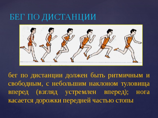 БЕГ ПО ДИСТАНЦИИ бег по дистанции должен быть ритмичным и свободным, с небольшим наклоном туловища вперед (взгляд устремлен вперед); нога касается дорожки передней частью стопы 