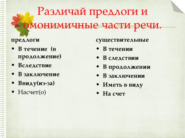 Различай предлоги и омонимичные части речи. предлоги существительные В течение (в продолжение) Вследствие В заключение Ввиду(из-за) Насчет(о) В течении В следствии В продолжении В заключении Иметь в виду На счет 