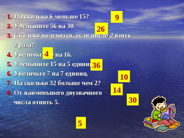  9 1.  На сколько 6 меньше 15? 2.  Уменьшите 56 на 30. 3.  Сколько получится, если число 2 взять  2 раза? 4.  Увеличьте 20 на 16. 5.  Уменьшите 15 на 5 единиц. 6.  Увеличьте 7 на 7 единиц. 7.  На сколько 32 больше чем 2? 8.  От наименьшего двузначного  числа отнять 5. 26 4 36 10 14 30 5 