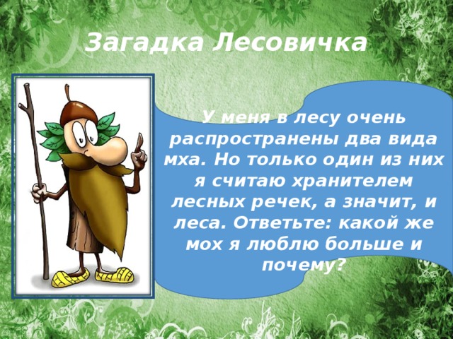 Загадка Лесовичка У меня в лесу очень распространены два вида мха. Но только один из них я считаю хранителем лесных речек, а значит, и леса. Ответьте: какой же мох я люблю больше и почему? 