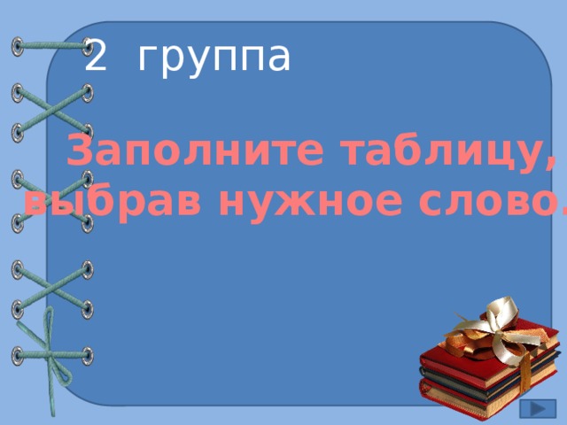 2 группа Заполните таблицу, выбрав нужное слово… 
