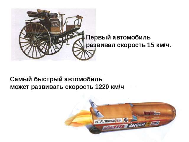 Первый автомобиль развивал скорость 15 км/ч. Самый быстрый автомобиль может развивать скорость 1220 км/ч 