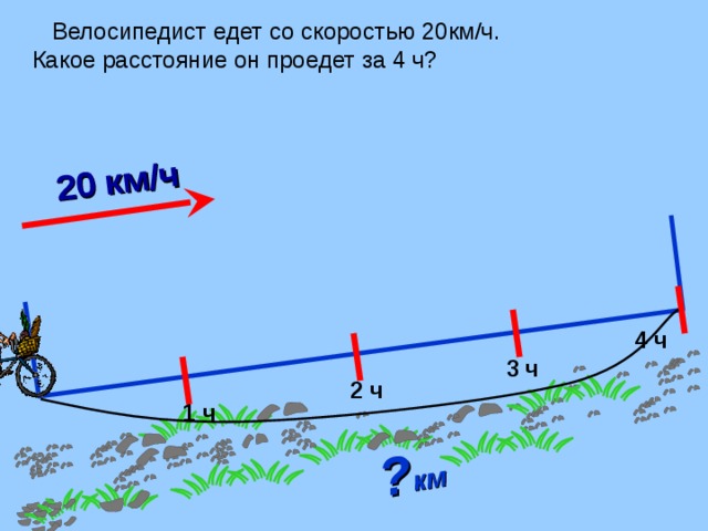 20 км/ч ? км  Велосипедист едет со скоростью 20км/ч.  Какое расстояние он проедет за 4 ч? 4 ч Л.Г. Петерсон «Математика 4 класс» Урок 24. Сделайте клик по кнопке «Показать» ( 2 раза)   3 ч 2 ч 1 ч 