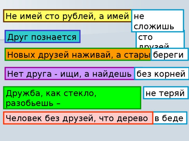 не сложишь  Не имей сто рублей, а имей  сто друзей  Друг познается  Новых друзей наживай, а старых береги Нет друга - ищи, а найдешь –  без корней  не теряй  Дружба, как стекло, разобьешь – в беде  Человек без друзей, что дерево 