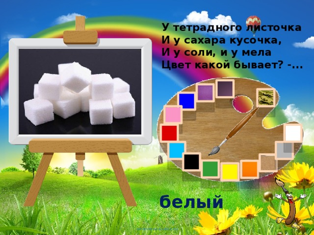 У тетрадного листочка  И у сахара кусочка,  И у соли, и у мела  Цвет какой бывает? -... белый 