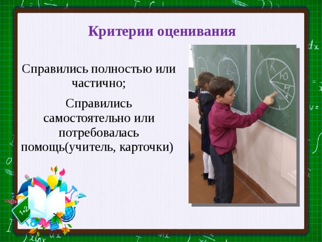 Критерии оценивания Справились полностью или частично; Справились самостоятельно или потребовалась помощь(учитель, карточки) 
