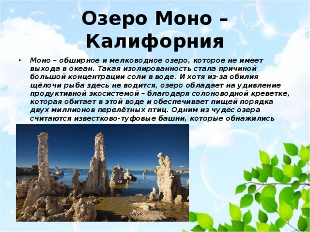 Озеро Моно – Калифорния Моно – обширное и мелководное озеро, которое не имеет выхода в океан. Такая изолированность стала причиной большой концентрации соли в воде. И хотя из-за обилия щёлочи рыба здесь не водится, озеро обладает на удивление продуктивной экосистемой – благодаря солоноводной креветке, которая обитает в этой воде и обеспечивает пищей порядка двух миллионов перелётных птиц. Одним из чудес озера считаются известково-туфовые башни, которые обнажились после снижения уровня воды в озере.   