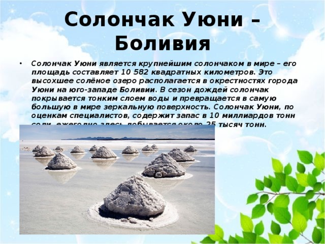 Солончак Уюни – Боливия Солончак Уюни является крупнейшим солончаком в мире – его площадь составляет 10 582 квадратных километров. Это высохшее солёное озеро располагается в окрестностях города Уюни на юго-западе Боливии. В сезон дождей солончак покрывается тонким слоем воды и превращается в самую большую в мире зеркальную поверхность. Солончак Уюни, по оценкам специалистов, содержит запас в 10 миллиардов тонн соли, ежегодно здесь добывается около 25 тысяч тонн. 