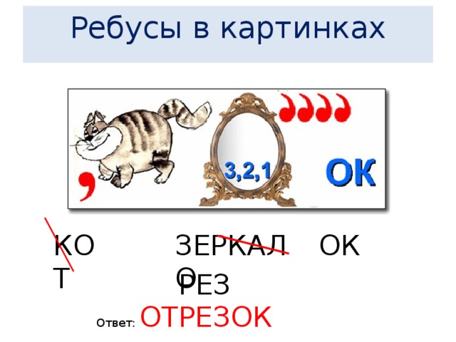  Ребусы в картинках       КОТ ЗЕРКАЛО ОК РЕЗ Ответ: ОТРЕЗОК 