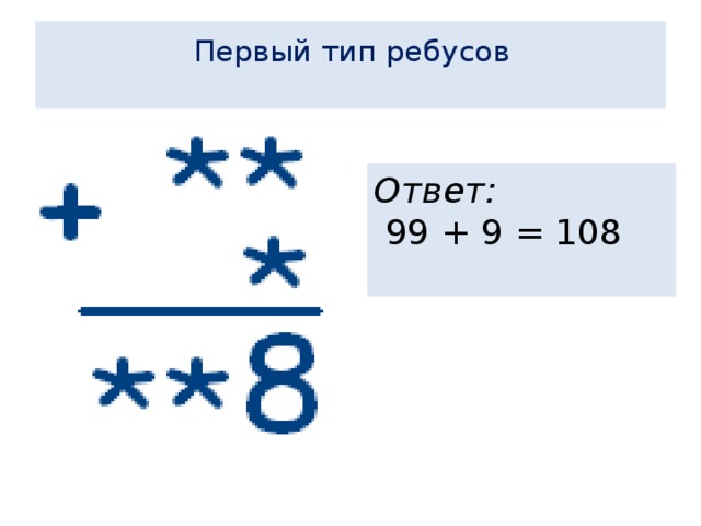   Первый тип ребусов   Ответ:  99 + 9 = 108 