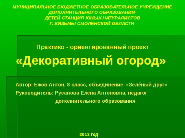 МУНИЦИПАЛЬНОЕ БЮДЖЕТНОЕ ОБРАЗОВАТЕЛЬНОЕ УЧРЕЖДЕНИЕ ДОПОЛНИТЕЛЬНОГО ОБРАЗОВАНИЯ  ДЕТЕЙ СТАНЦИЯ ЮНЫХ НАТУРАЛИСТОВ  Г. ВЯЗЬМЫ СМОЛЕНСКОЙ ОБЛАСТИ Практико - ориентированный проект «Декоративный огород» Автор: Ежов Антон, 8 класс, объединение «Зелёный друг» Руководитель: Русанова Елена Антоновна, педагог  дополнительного образования 2013 год  