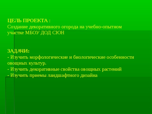 ЦЕЛЬ ПРОЕКТА : Создание декоративного огорода на учебно-опытном участке МБОУ ДОД СЮН ЗАДАЧИ: - Изучить морфологические и биологические особенности овощных культур. - Изучить декоративные свойства овощных растений - Изучить приемы ландшафтного дизайна   