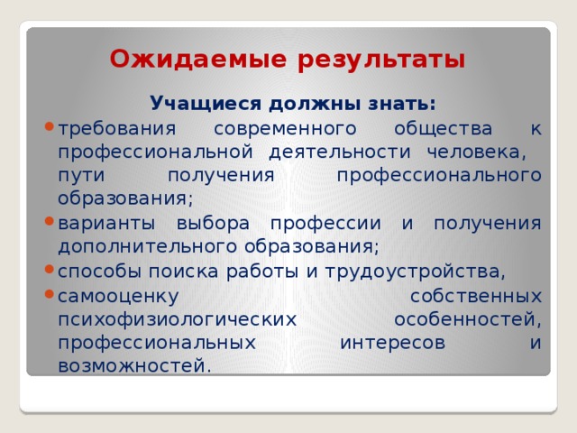 Ожидаемые результаты   Учащиеся должны знать: требования современного общества к профессиональной деятельности человека, пути получения профессионального образования; варианты выбора профессии и получения дополнительного образования; способы поиска работы и трудоустройства, самооценку собственных психофизиологических особенностей, профессиональных интересов и возможностей. 