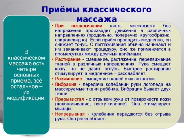 Приёмы классического массажа  
