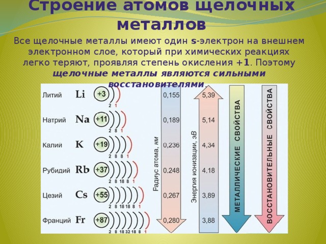 Строение атомов щелочных металлов Все щелочные металлы имеют один s -электрон на внешнем электронном слое, который при химических реакциях легко теряют, проявляя степень окисления +1 . Поэтому щелочные металлы являются сильными восстановителями . 