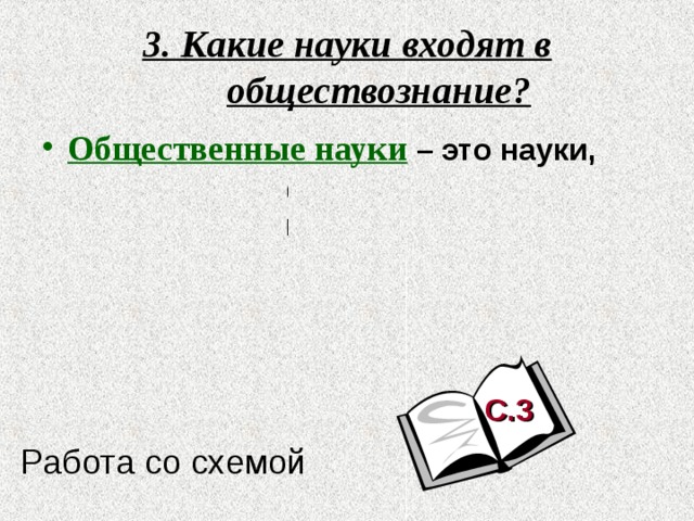 3. Какие науки входят в обществознание? Общественные науки  – это науки, которые занимаются изучением человека и общества С.3 Работа со схемой 