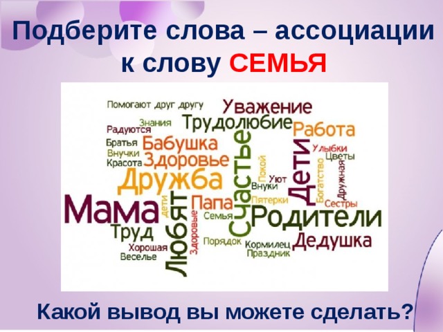 Подберите слова – ассоциации к слову СЕМЬЯ Какой вывод вы можете сделать? 