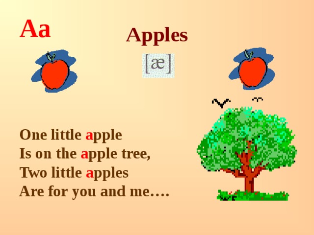 Aa     Apples    One little a pple Is on the a pple tree, Two little a pples Are for you and me….  