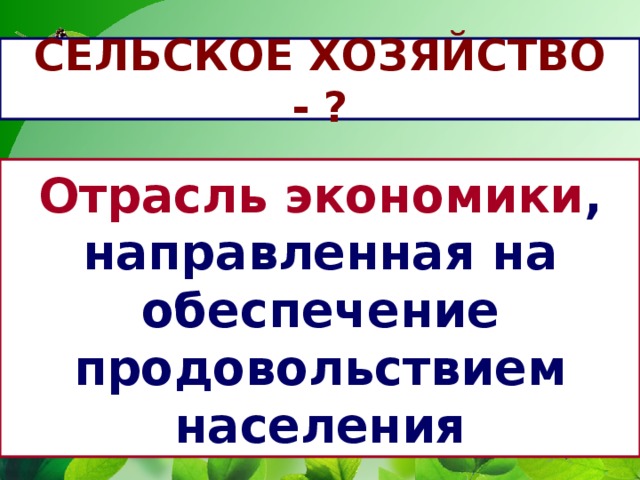 СЕЛЬСКОЕ ХОЗЯЙСТВО - ? Отрасль экономики , направленная на обеспечение продовольствием населения 
