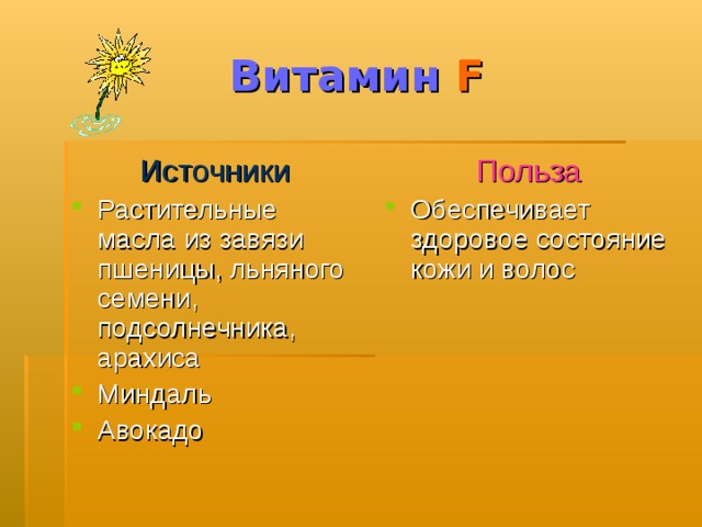 Витамин  F Источники Польза Растительные масла из завязи пшеницы, льняного семени, подсолнечника, арахиса Миндаль Авокадо  Обеспечивает здоровое состояние кожи и волос 