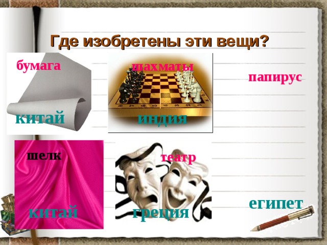  Где изобретены эти вещи? бумага шахматы папирус китай индия шелк театр египет китай греция 