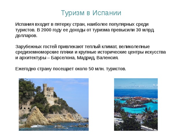 Туризм в Испании Испания входит в пятерку стран, наиболее популярных среди туристов. В 2000 году ее доходы от туризма превысили 30 млрд. долларов.   Зарубежных гостей привлекают теплый климат, великолепные средиземноморские пляжи и крупные исторические центры искусства и архитектуры – Барселона, Мадрид, Валенсия.   Ежегодно страну посещает около 50 млн. туристов.  