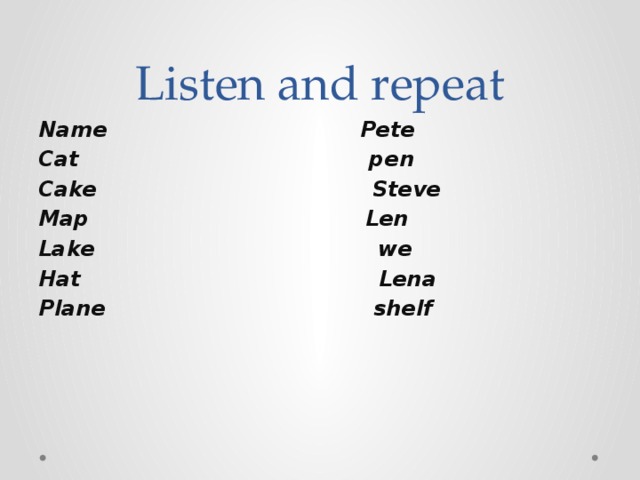 Listen and repeat Name Pete Cat pen Cake Steve Map Len Lake we Hat Lena Plane shelf 