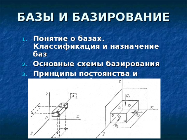 БАЗЫ И БАЗИРОВАНИЕ Понятие о базах. Классификация и назначение баз Основные схемы базирования Принципы постоянства и совмещения баз 