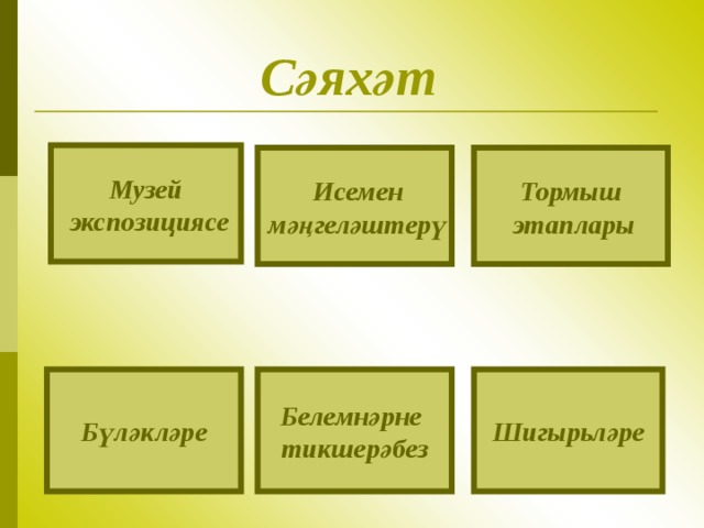 С әяхәт  Музей  экспозициясе Тормыш  этаплары  Исемен  м әңгеләштерү Бүләкләре Шигыр ь ләре Белемнәрне тикшерәбез 