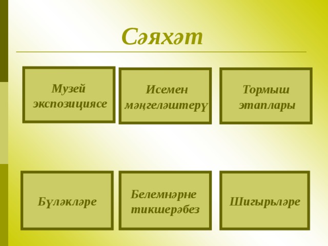 С әяхәт  Музей  экспозициясе Тормыш  этаплары  Исемен  м әңгеләштерү Бүләкләре Шигыр ь ләре Белемнәрне тикшерәбез 
