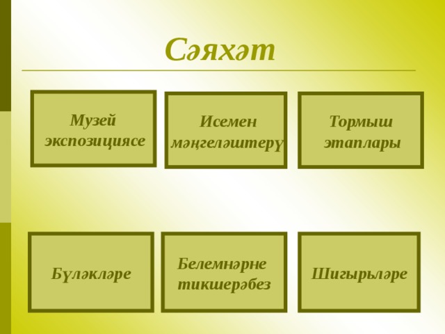 С әяхәт  Музей  экспозициясе Тормыш  этаплары  Исемен  м әңгеләштерү Бүләкләре Шигыр ь ләре Белемнәрне тикшерәбез 