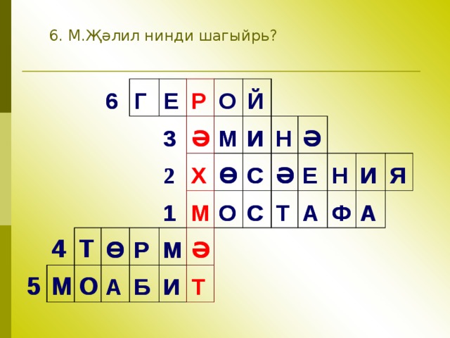 6. М.Җәлил нинди шагыйр ь ? 6 6 Г   5 4   5 4 Е 3 3     М М Т Р Т 2 Ө Ө О О Ә   Ә 2   О М 1 А М 1 А Х Й Х Р Р Ө И Б М М   Ө М Б И М И О О Н Н И С Ә С   Ә   С Ә Т Ә С Т Ә Ә Т Т Е Е Н А А Н Ф Ф И И А Я А Я 