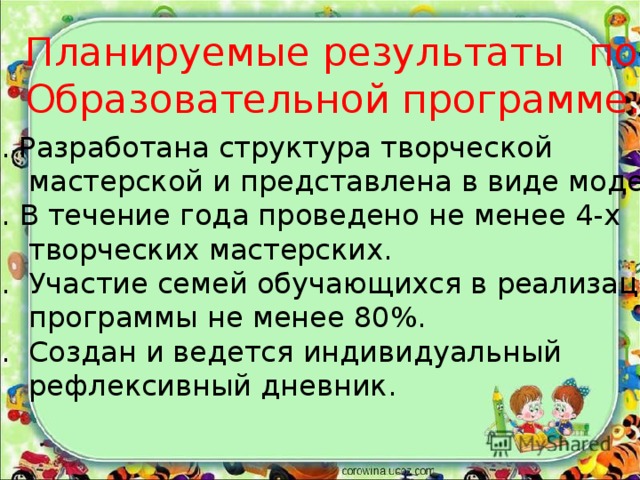 Планируемые результаты по Образовательной программе. Разработана структура творческой  мастерской и представлена в виде модели. 2. В течение года проведено не менее 4-х  творческих мастерских. 3. Участие семей обучающихся в реализации  программы не менее 80%. 4. Создан и ведется индивидуальный  рефлексивный дневник. 