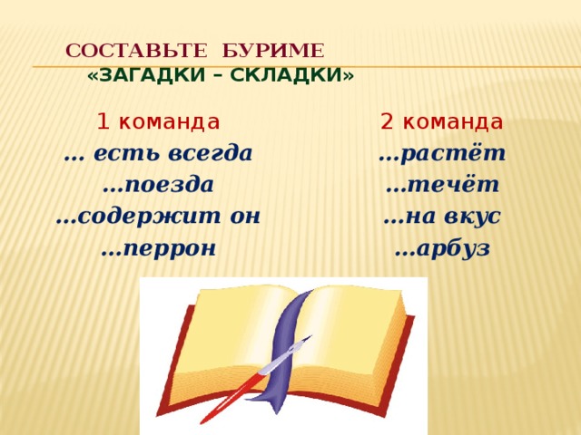  Составьте буриме   «Загадки – складки» 1 команда 2 команда … есть всегда … растёт … поезда … течёт … содержит он … на вкус … перрон … арбуз 