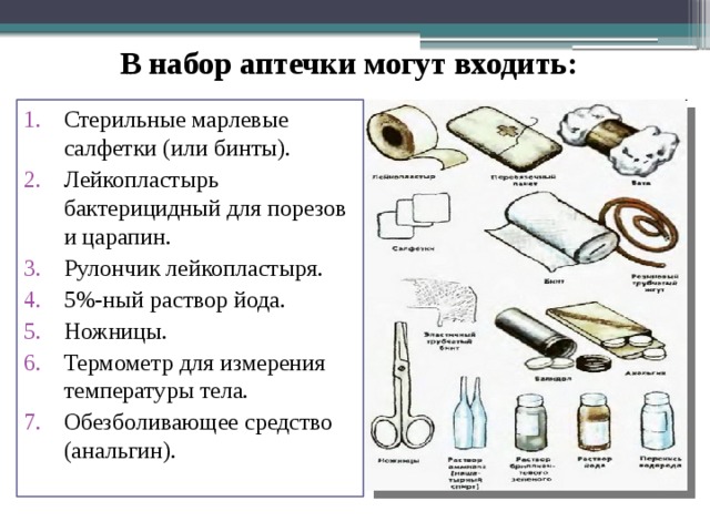 В набор аптечки могут входить: Стерильные марлевые салфетки (или бинты). Лейкопластырь бактерицидный для порезов и царапин. Рулончик лейкопластыря. 5%-ный раствор йода. Ножницы. Термометр для измерения температуры тела. Обезболивающее средство (анальгин). 