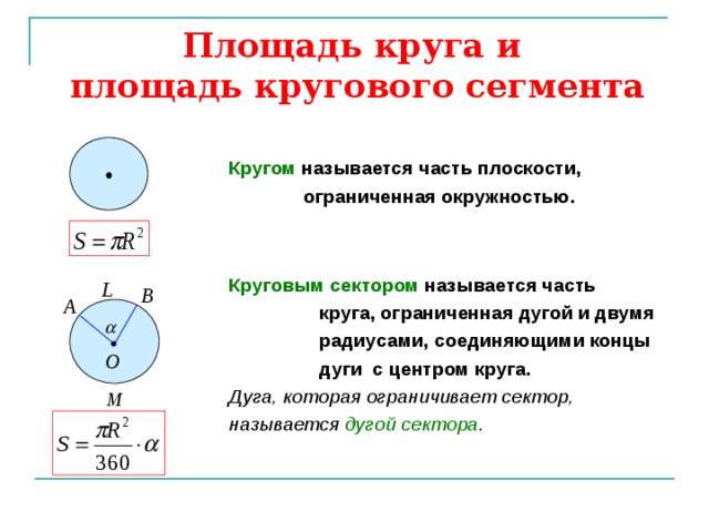 Площадь круга и  площадь кругового сегмента  Кругом называется часть плоскости,  ограниченная окружностью.   Круговым сектором называется часть  круга, ограниченная дугой и двумя  радиусами, соединяющими концы  дуги с центром круга. Дуга, которая ограничивает сектор, называется дугой сектора . 