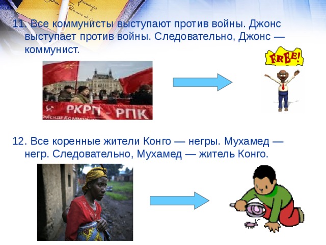 11. Все коммунисты выступают против войны. Джонс выступает против войны. Следовательно, Джонс — коммунист. 12. Все коренные жители Конго — негры. Мухамед — негр. Следовательно, Мухамед — житель Конго.  