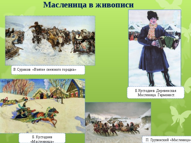 Масленица в живописи  В.Суриков « Взятие снежного городка »   Б.Кустодиев. Деревенская  Масленица. Гармонист. Б. Кустодиев « Масленница » П. Грузинский « Масленица » 